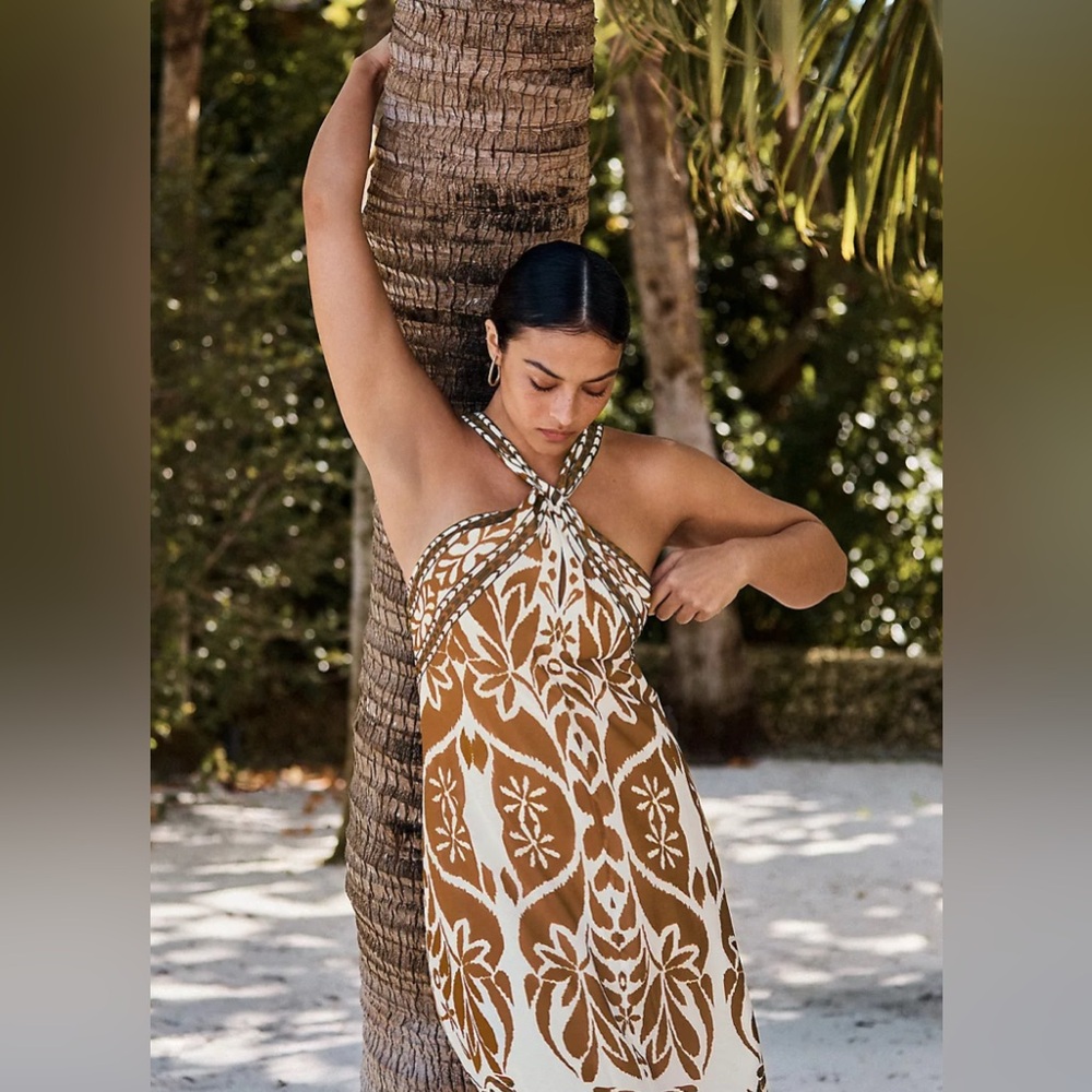 Women’s Brown and White Halter Floral Summer Dress